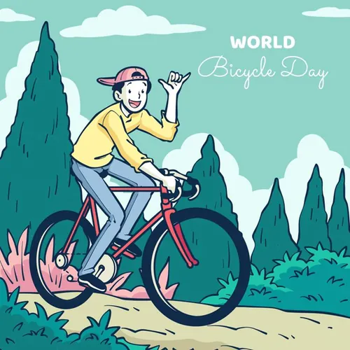 手绘世界自行车日春天外出踏青骑行人物风景插画EPS矢量设计素