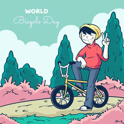 手绘世界自行车日春天外出踏青骑行人物风景插画EPS矢量设计素