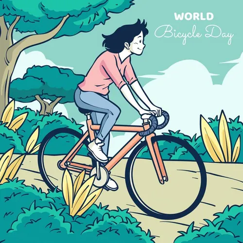 手绘世界自行车日春天外出踏青骑行人物风景插画EPS矢量设计素