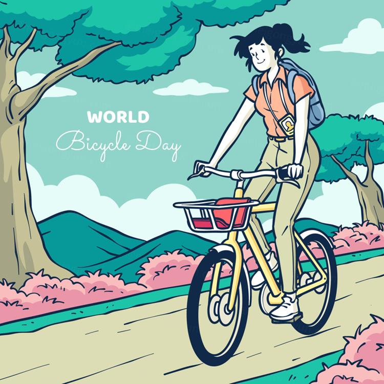 手绘世界自行车日春天外出踏青骑行人物风景插画EPS矢量设计素