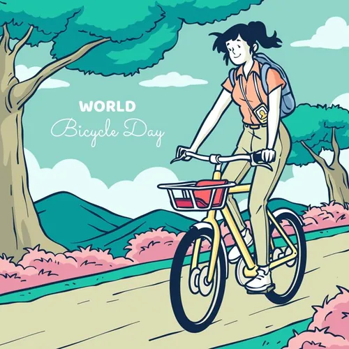手绘世界自行车日春天外出踏青骑行人物风景插画EPS矢量设计素