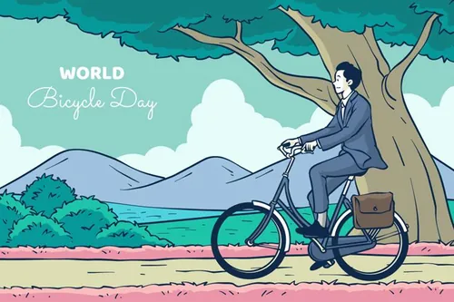 手绘世界自行车日春天外出踏青骑行人物风景插画EPS矢量设计素