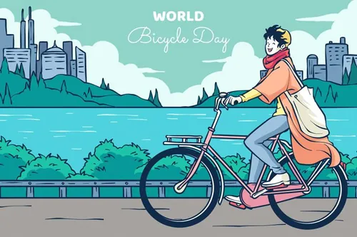 手绘世界自行车日春天外出踏青骑行人物风景插画EPS矢量设计素