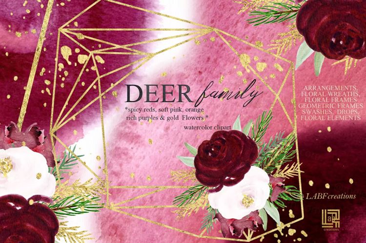 鹿家族 香辣红 橙金水彩手绘剪贴画 Deer family.