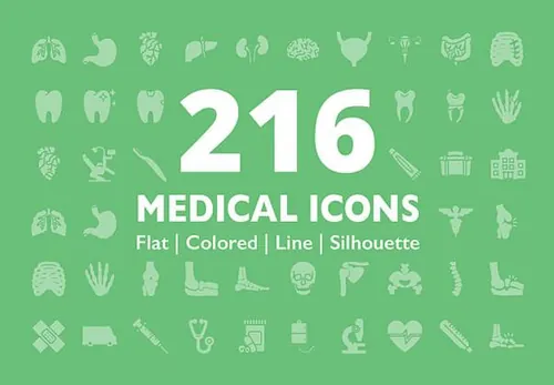 216个医疗健康人体器官骨骼牙齿矢量图标集Medical Icons