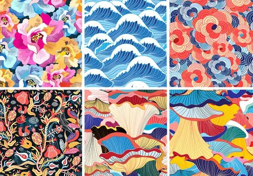 手绘东方中式中国风日式海浪纹理涂鸦蘑菇中式底纹矢量背景图案素