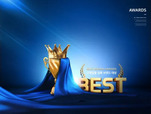 年度蓝色背景品牌奖牌评选颁奖黄金奖杯PSD海报素材 Best Brand Awards