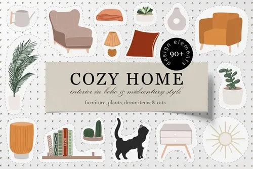 室内家具摆设植物装饰陈设矢量插画素材合辑 Cozy Home