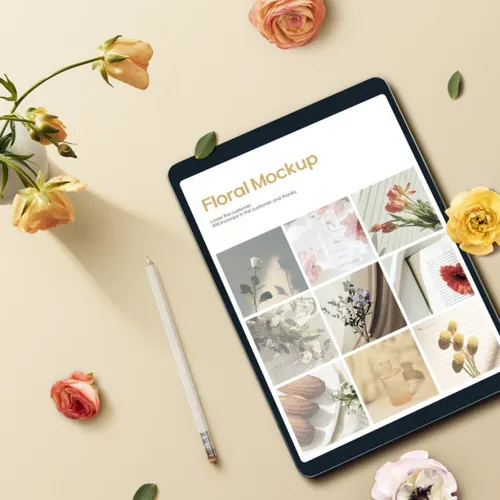 黄色春天春季花卉花朵花瓣植物树叶场景平板iPad装饰样机PSD海报模板