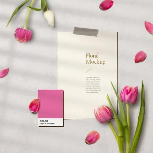 春天春季花朵花瓣植物树叶郁金香花卉场景纸张装饰样机PSD海报模板