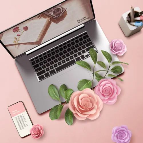 春天春季花朵花瓣植物树叶花卉场景笔记本电脑装饰样机PSD海报模板