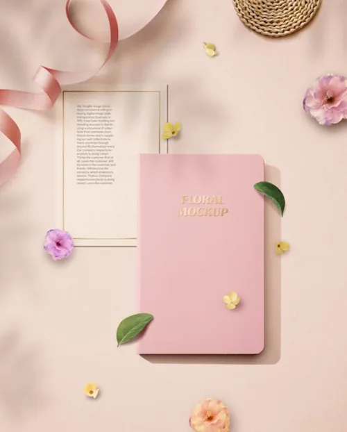 粉色春天春季花朵花瓣丝带树叶花卉场景笔记本记事本装饰样机PSD海报模板