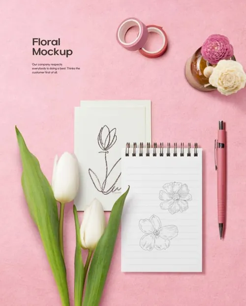 粉色春天春季花朵花瓣树叶郁金香花卉场景备忘录记事本装饰样机PSD海报模板