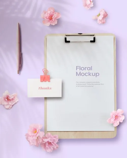 粉色春天春季花朵花瓣树叶樱花花卉场景剪贴板装饰样机PSD海报模板