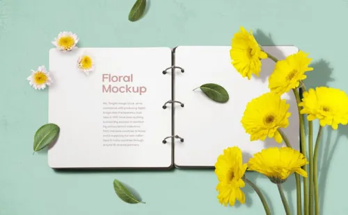 黄色花朵春天春季花瓣花卉场景卡片日记本装饰样机PSD海报模板