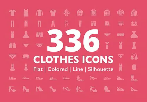 336个服装服饰高跟鞋运动鞋裤子内衣衬衫礼服矢量图标集Clothes Icons