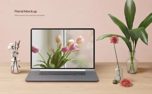 春天春季花朵花瓣郁金香花卉场景笔记本装饰样机PSD海报模板