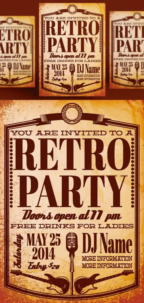 复古派对音乐会演出活动海报矢量设计素材模板Retro party