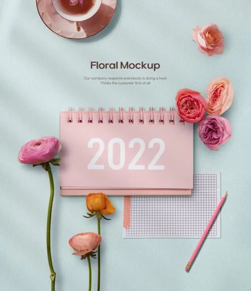 春天春季花朵花瓣玫瑰花花卉场景日历装饰样机PSD海报模板