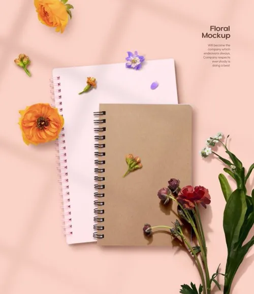 春天春季花朵花瓣玫瑰花花卉场景笔记本记事本装饰样机PSD海报模板