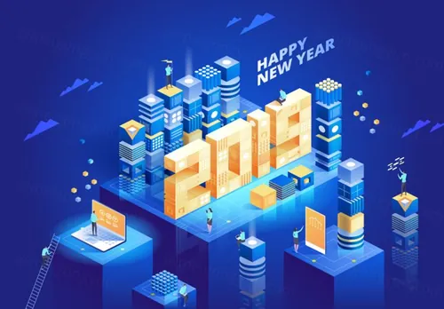2019新年快乐2.5D等距设计创新理念数字技术矢量插图素材