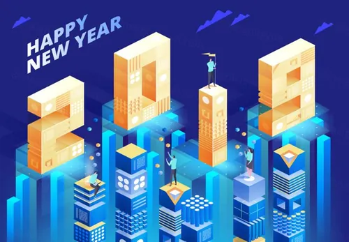 2019新年快乐2.5D等距设计创新理念数字技术矢量插图素材