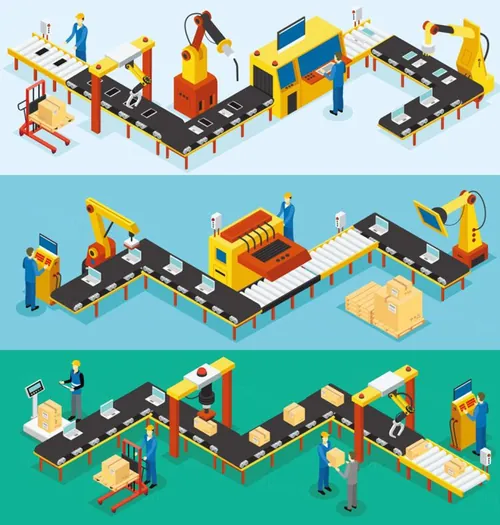 等距工业厂房水平横幅自动生产线生产装配包装工艺矢量插图设计素材Isometric