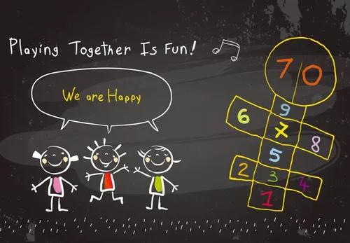 快乐童年儿童游戏玩耍黑板涂鸦粉笔手绘插图矢量设计素材Children