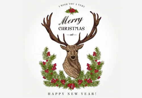 传统复古圣诞贺卡麋鹿松树花环圣诞新年快乐矢量插图设计素材Christmas card