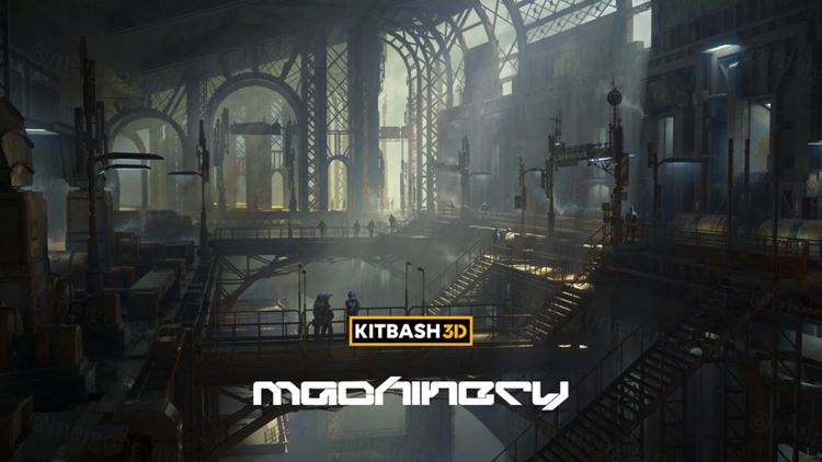 未来派废土风机械工厂建筑设备重工业厂房3D模型素材 KitB