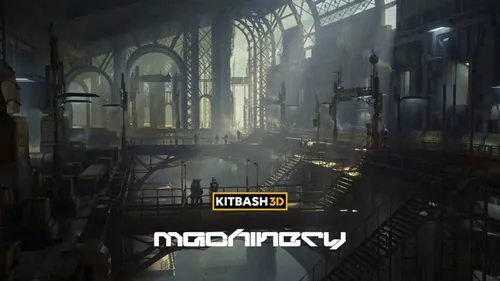 未来派废土风机械工厂建筑设备重工业厂房3D模型素材 KitB