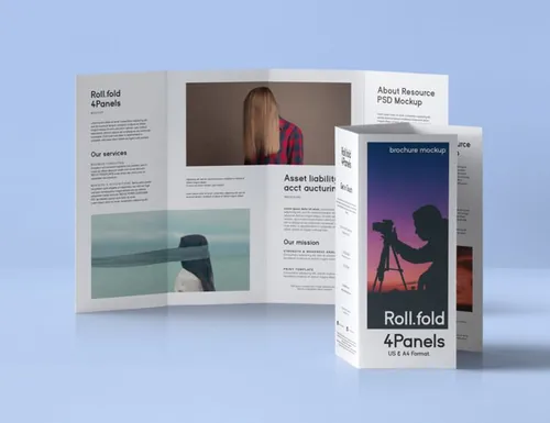 折叠折页小册子模型PSD贴图模板Roll Fold Psd Brochure Mockup US A4