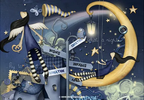 梦幻夜空房子女孩梦境PNG免扣素材Dream night s