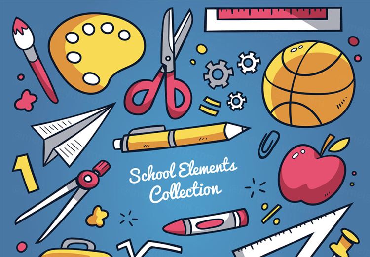 卡通学校生活主题元素素材 School background with elements
