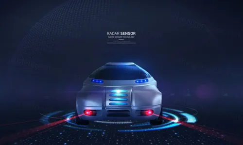 自动驾驶汽车辅助车道偏移预警车距监控高新科技雷达传感器技术概念宣传海报PSD模板