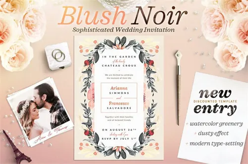 婚礼邀请函PSD模版素材 Blush Noir Wedding Invite