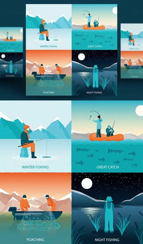 冬季捕鱼钓鱼偷猎夜间捕鱼2x2平面方形图标设计概念矢量插图素材Fishing design