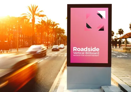 城市户外广告贴图样机PSD模板Roadside Vertical Billboard MockUp For Advertisement