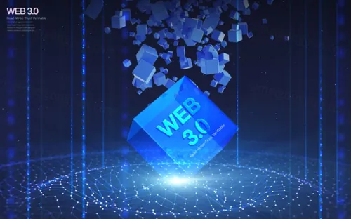 互联网Web3.0去中心化数字货币NFT元宇宙蓝色科技抽象概念宣传海报PSD模板素材
