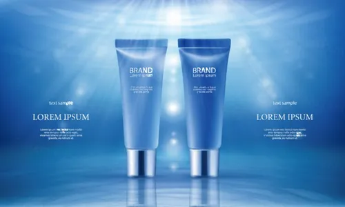 蓝色化妆品护肤品洗面奶眼霜产品广告矢量3D插图设计素材Cosmetic products ad