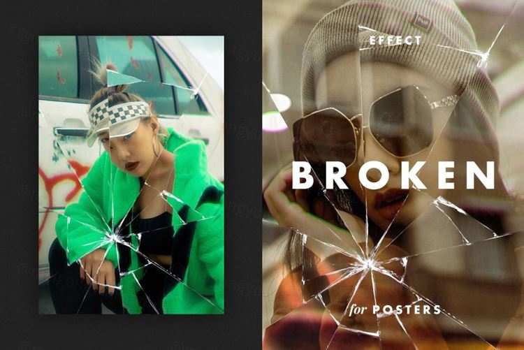 酷炫艺术破裂玻璃效果图片艺术照PS快速生成模板 Damage