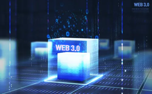 互联网Web3.0去中心化数字货币NFT元宇宙蓝色科技抽象概念宣传海报PSD模板素材