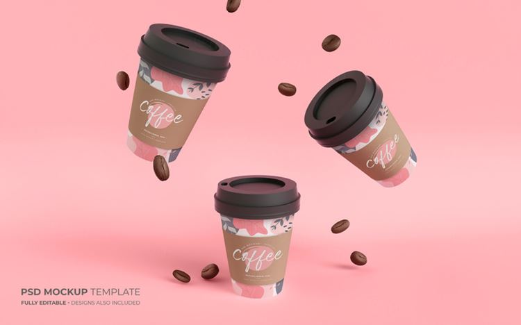 饮料咖啡纸质带盖茶杯品牌包装设计提案PSD样机模板 Coffee cups mockup