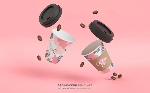 饮料咖啡纸质带盖茶杯品牌包装设计提案PSD样机模板 Coffee cups mockup