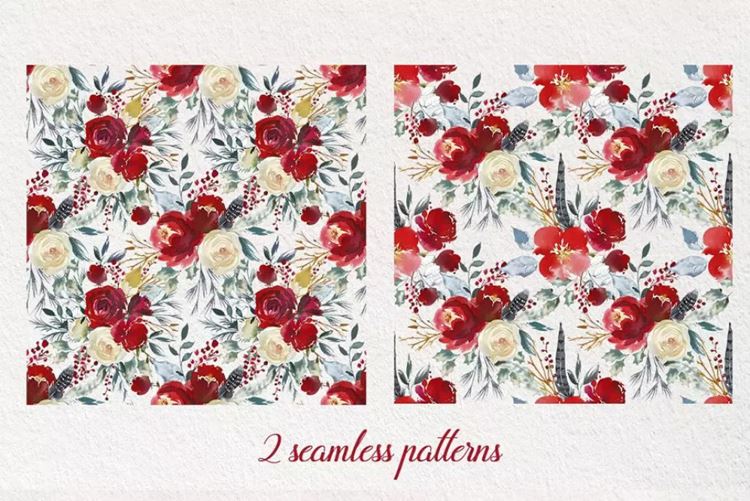 北欧斯堪的纳维亚设计风格红色水彩花卉插画 Boho Scan