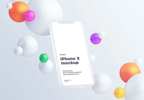 苹果手机立体球概念场景样机贴图模版 iPhone X with spheres