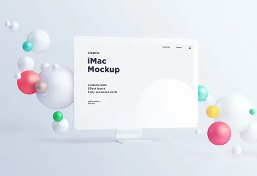 苹果电脑立体球概念场景样机贴图模版 iMac with spheres