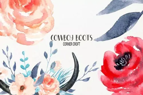 西部牛仔文化靴子配件水彩插画 Watercolor Cowb