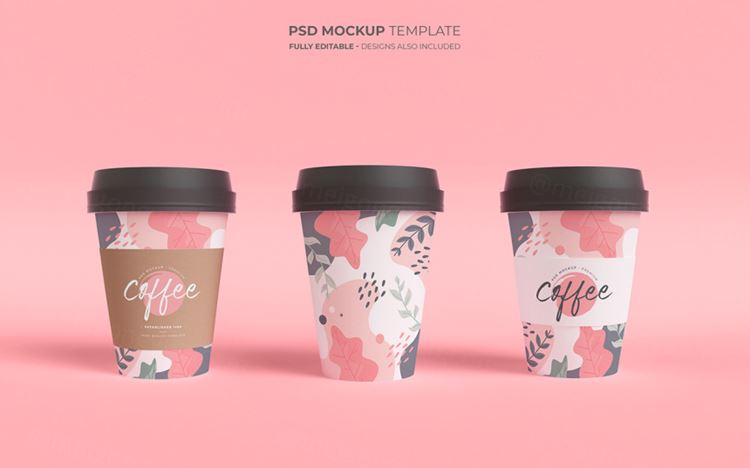 饮料咖啡纸质带盖茶杯品牌包装设计提案PSD样机模板 Coffee cups mockup