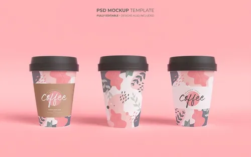 饮料咖啡纸质带盖茶杯品牌包装设计提案PSD样机模板 Coffee cups mockup